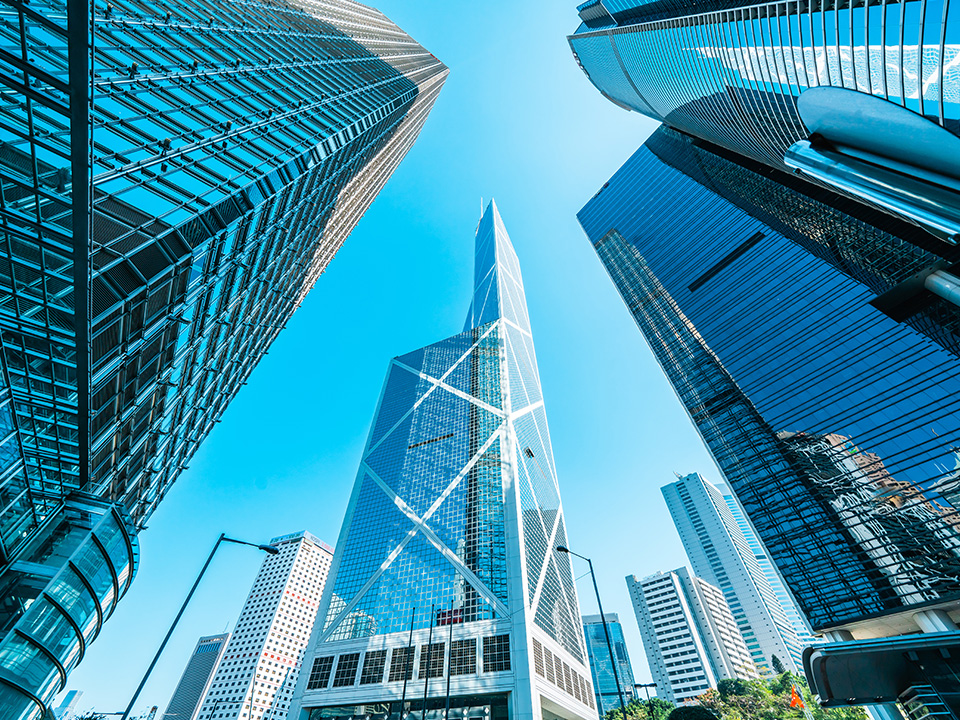 Low angle view of Bank of China Tower in Central Hong Kong