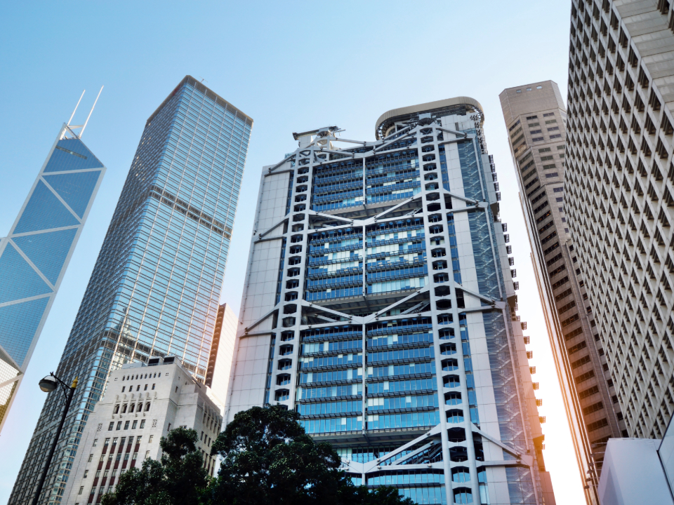 View of Hong Kong skyscrapers HSBC, Bank of China and Cheung Kong Centre