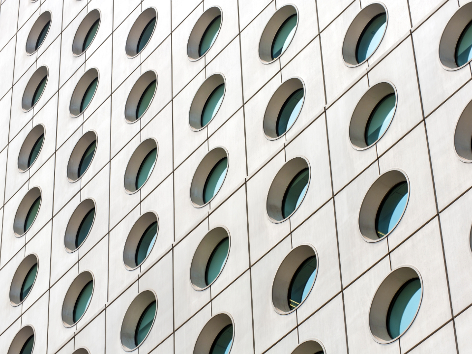 Close up view of the circular windows on Jardine House, Hong Kong