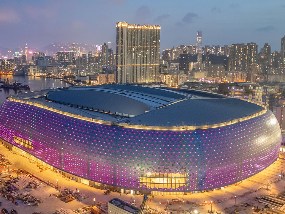 An aerial view of the Kai Tak Stadium exterior at Kai Tak Sports Park. 