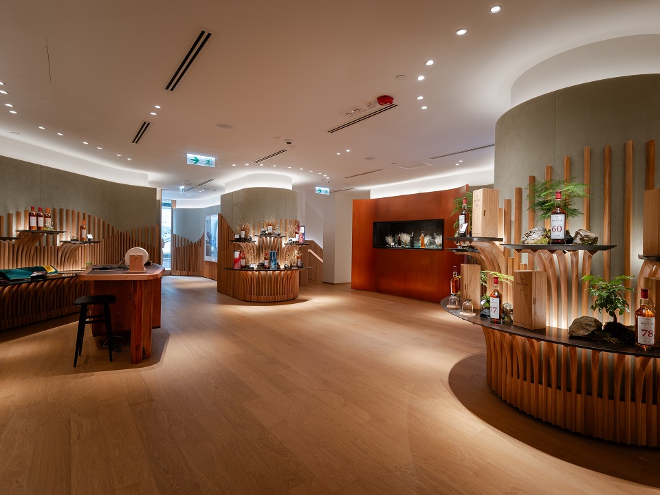 Spacious wood interior of The Macallan House in Hong Kong