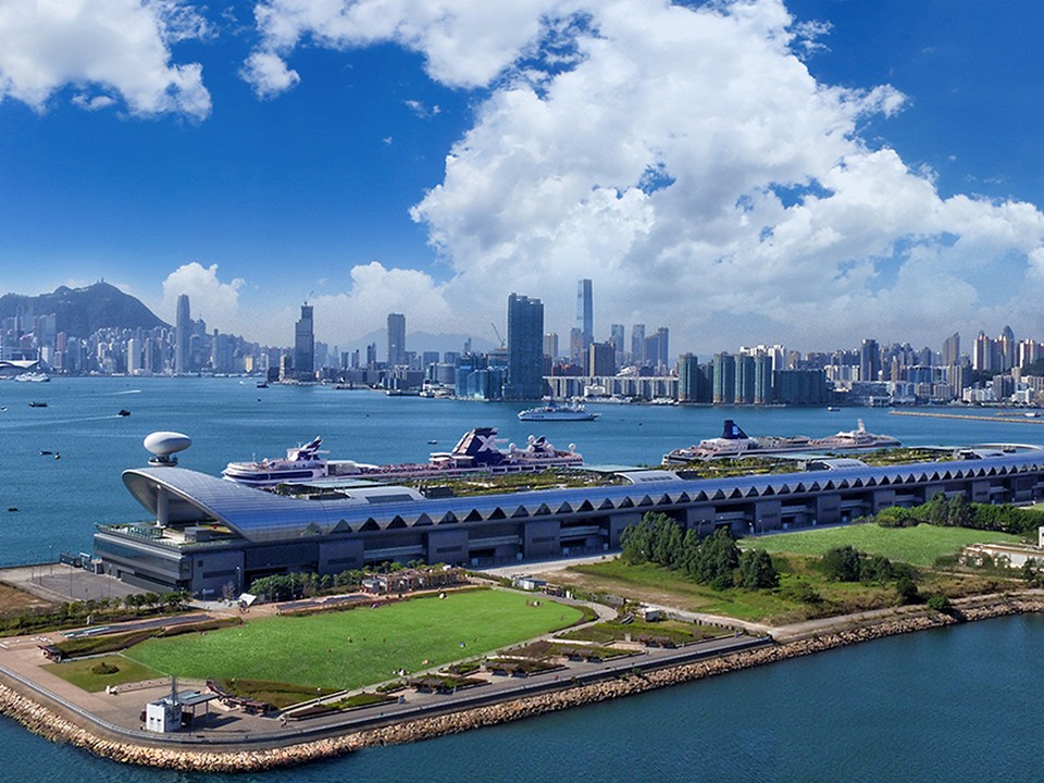 Kai Tak Cruise Terminal with the Hong Kong skyline